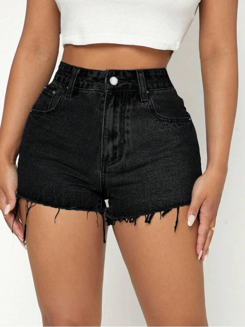 SHEIN Black High-Waist Distressed Denim Shorts EUC
